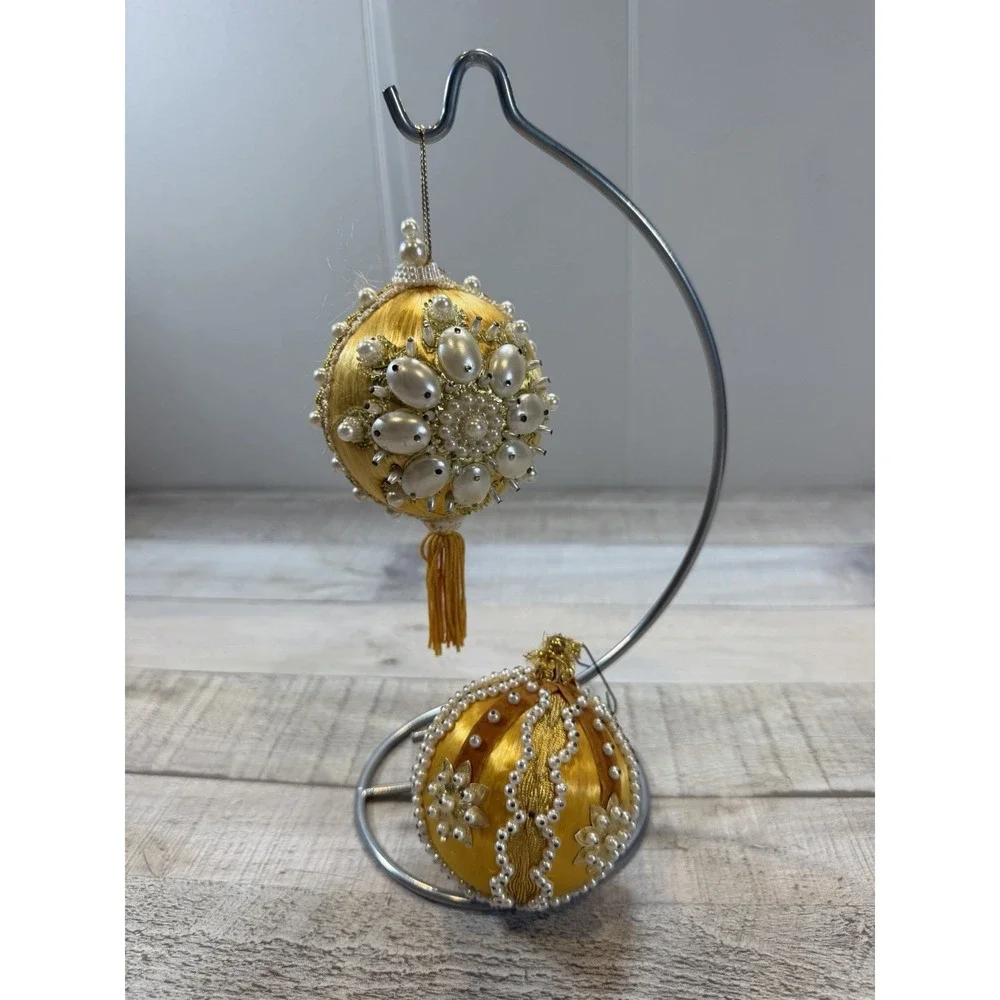 Set 2 Vintage Gold Satin Christmas Ornaments Faux Pearl Beaded Tassel Victorian